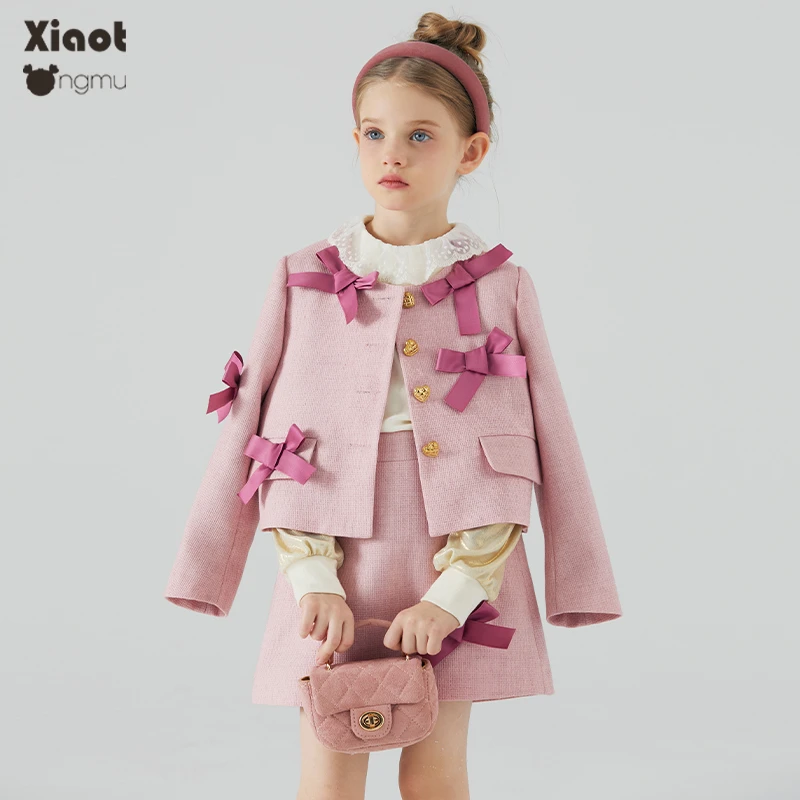 小童木 甜美粉色女童小香风套装秋季新款中大童外套半身裙两件套