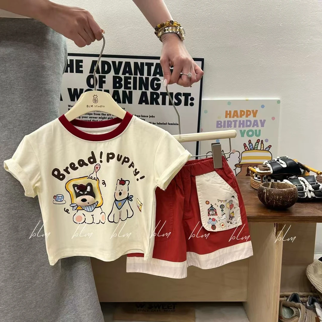 2025夏季新款男童短袖T恤韩版小男孩立体卡通玩偶短裤儿童套装