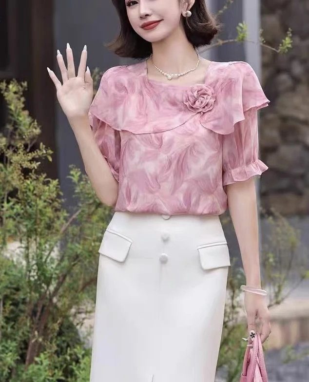 宽松设计感百搭印染时尚常规款短袖夏季衬衫薄款扎花