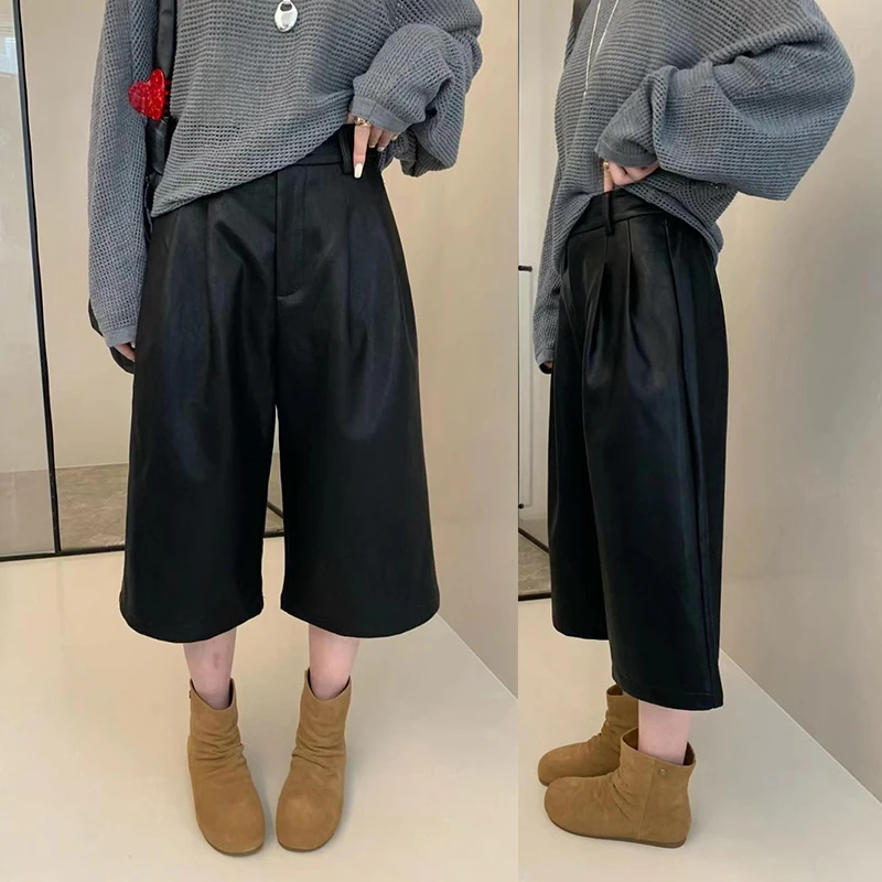 设计感松紧腰宽松七分裤皮裤女2025新款韩版显瘦百搭直筒裤阔腿裤