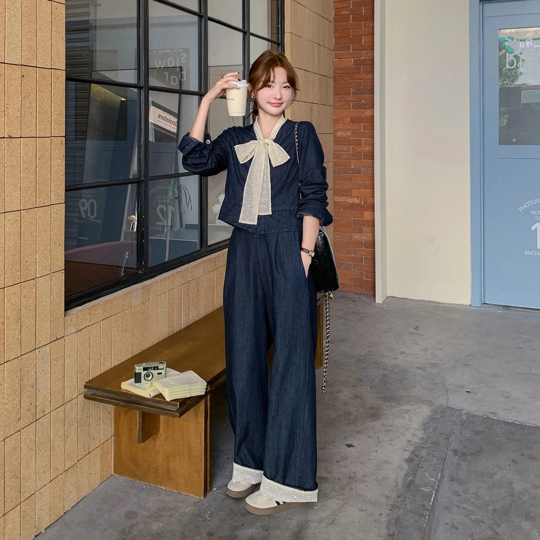复古秋季高级感炸街风穿搭2025新款蝴蝶结系带牛仔上衣阔腿裤套装