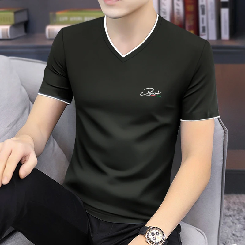 莫代尔棉黑色短袖t恤男装V领潮流夏季速干冰丝凉感半袖修身打底衫