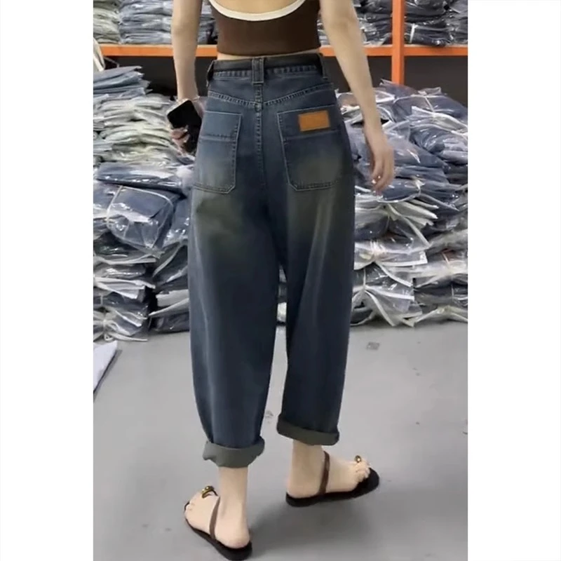 微垮老爹牛仔裤女2025夏季新款萝卜裤大码胖mm阔腿裤九分裤哈伦裤