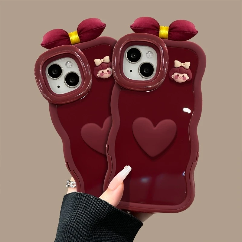 爱心女孩适用苹果17pro板凳双支架手机壳vivo小米15华为oppo酒红