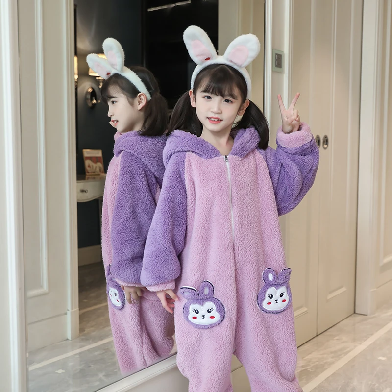 女童睡衣连体衣加绒加厚珊瑚绒秋冬男童女孩连帽防踢被睡袋家居服