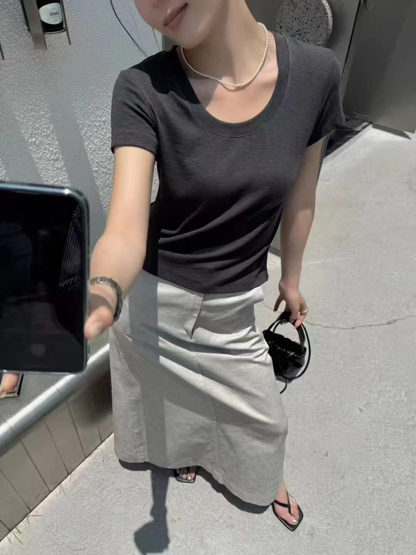 【肉总】新款U领简约纯色短袖上衣3525