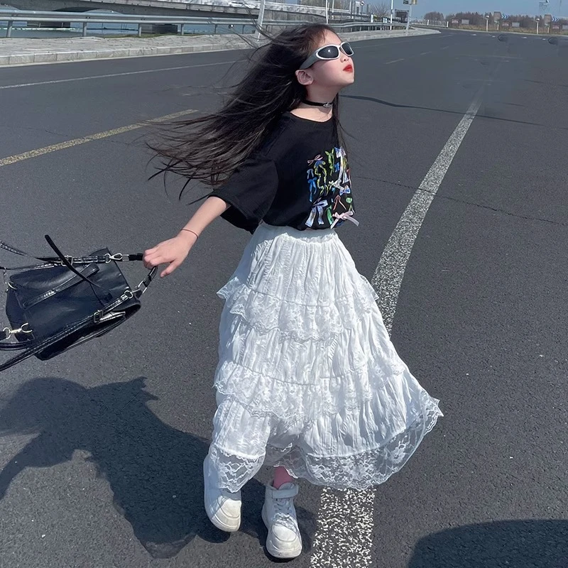 女童2025夏季新款韩系温柔风松紧腰蕾丝拼接压褶半身裙白色长裙潮