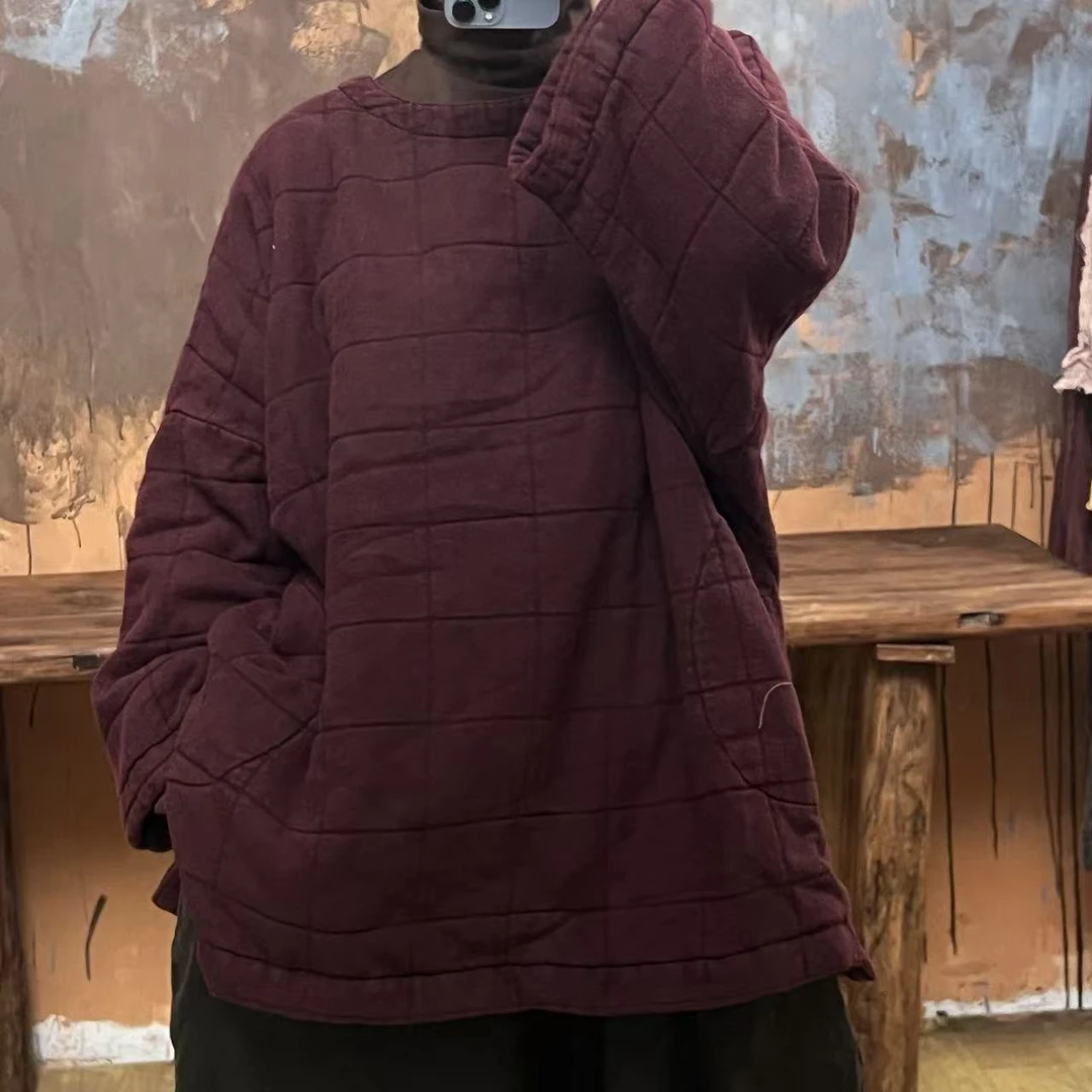 M 1380亚麻圆领套头压格棉衣（衣长75 胸围160）