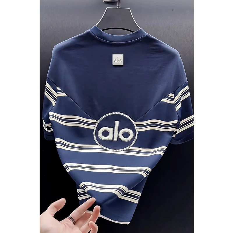 欧货轻奢高定大牌男装上衣2025夏季新款字母刺绣宽松条纹短袖体恤