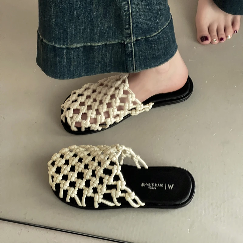 法式复古简约编织镂空包头半拖鞋女士2025夏季新款百搭外穿沙滩鞋