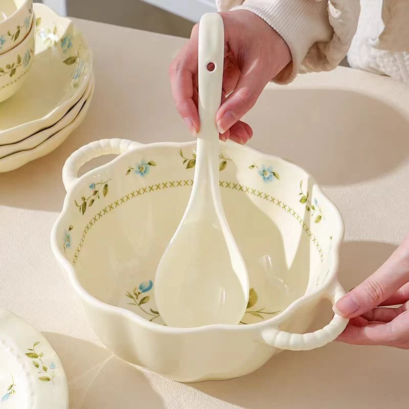 【大汤碗】可爱奶油风兰铃花图案陶瓷汤勺双耳南瓜碗大汤碗大容量