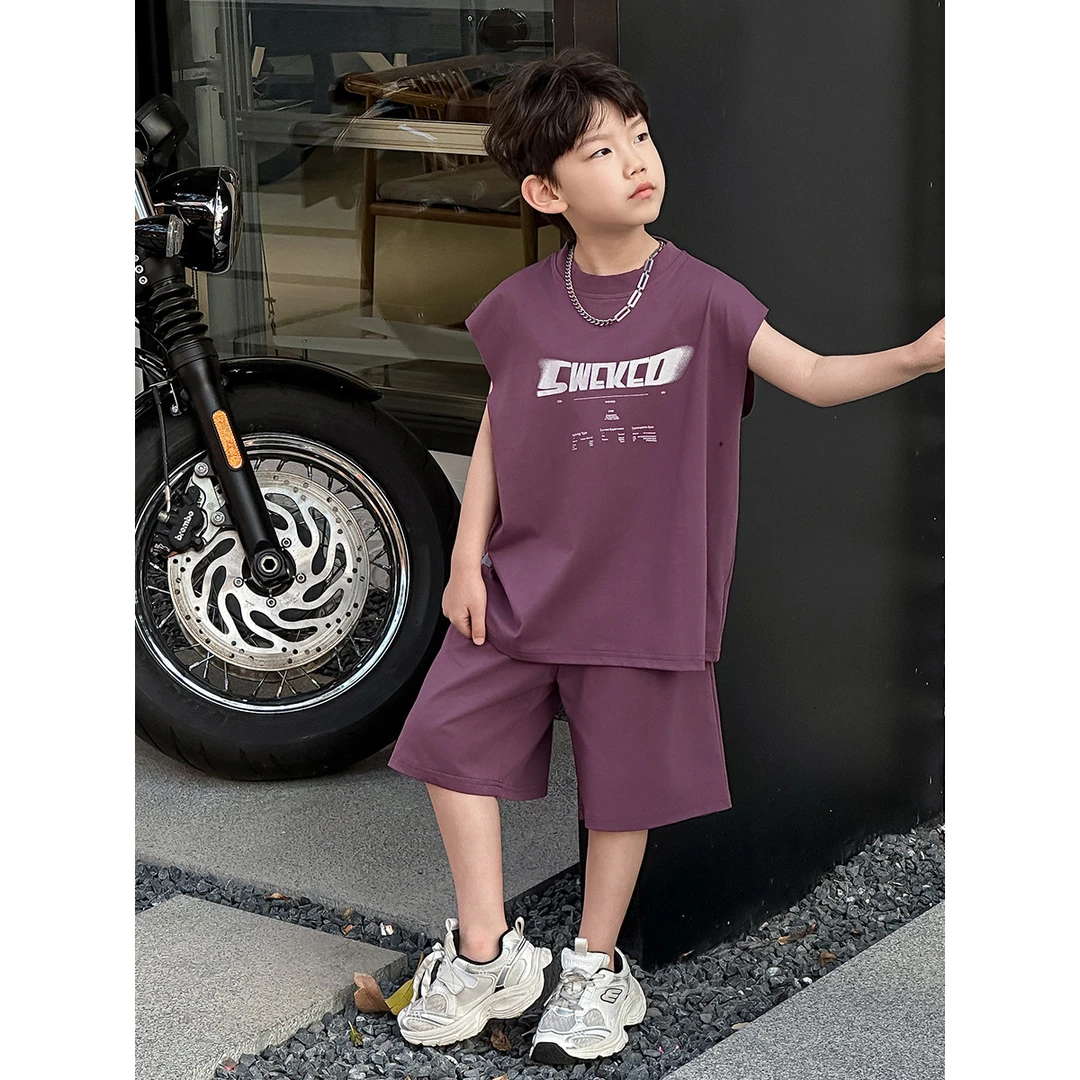 in 爱：mp25夏季男童上学套装韩版儿童印花运动背心短裤套装5193