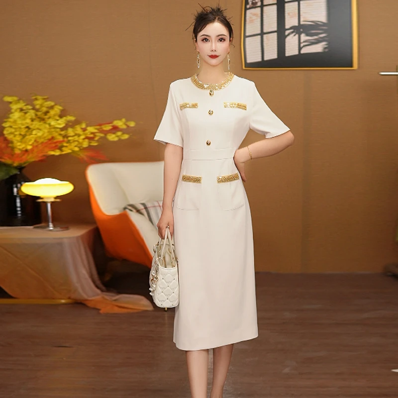 米白色连衣裙短袖夏季圆领显瘦修身气质高腰直筒裙新款5333