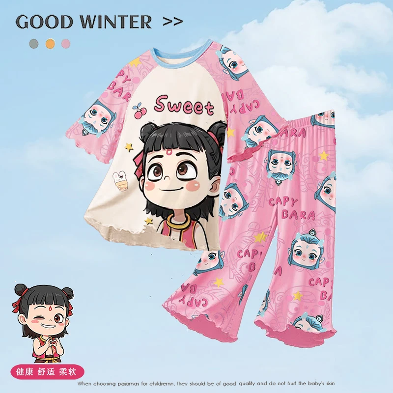 儿童睡衣女童短袖长裤家居服薄款夏季小女孩大童哪吒2025新款夏天