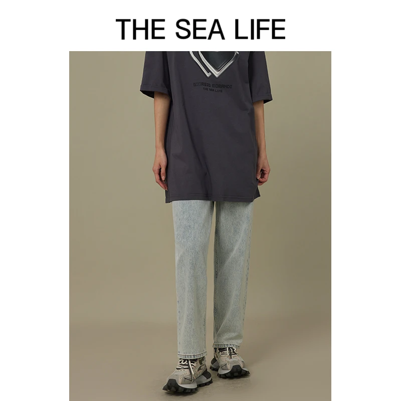 THESEALIFE欧海一生 全棉牛仔裤秋夏浅色高腰休闲直筒裤TD10357