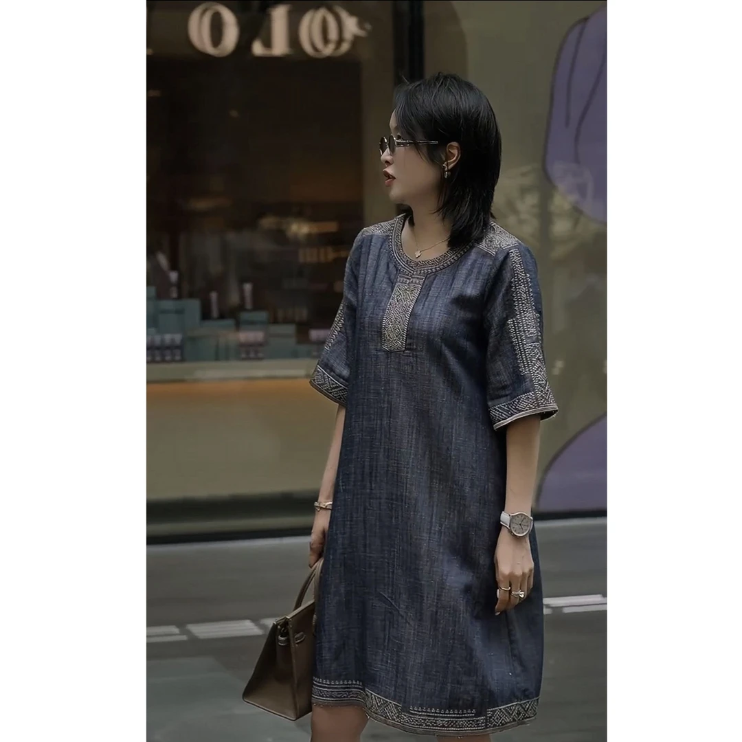 【青松落色】JW7148  高级感时尚轻奢亚麻刺绣复古连衣裙