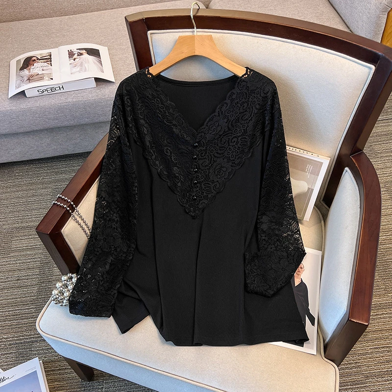 【岩心】大码女装300斤春季时尚弹力蕾丝拼接百搭长袖打底衫6512