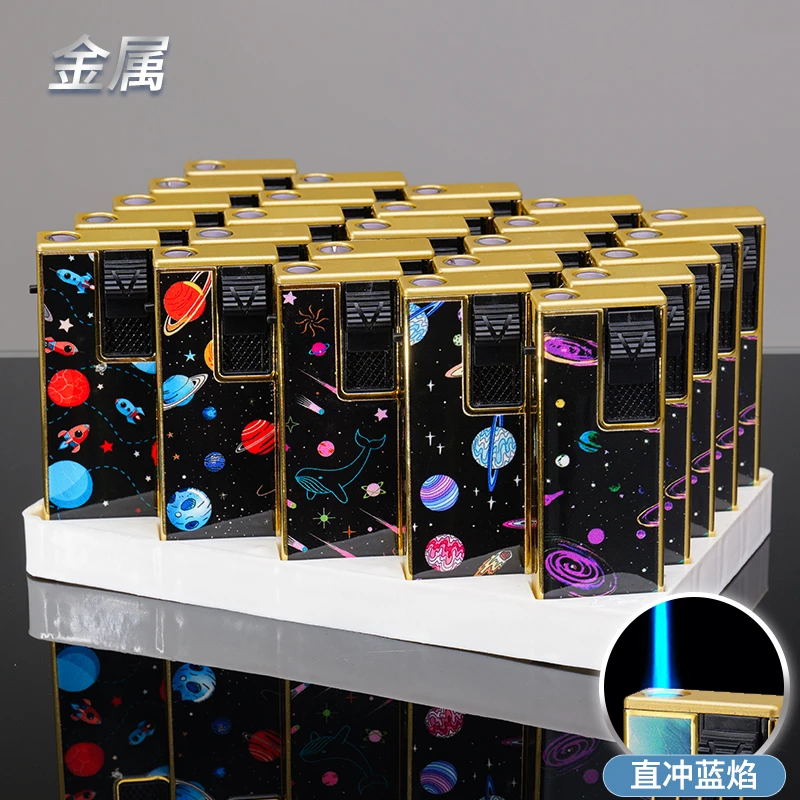 新款推拉炫彩时尚彩印加厚金属防风打火机蓝焰直冲打火机定制广告