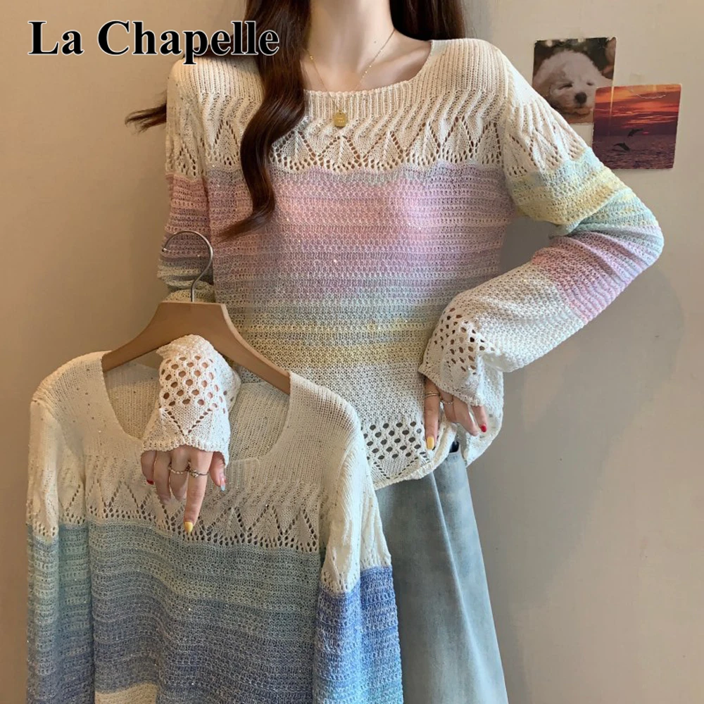拉夏贝尔大码胖MM秋季新款法式方领彩虹渐变长袖韩系针织衫毛衣女