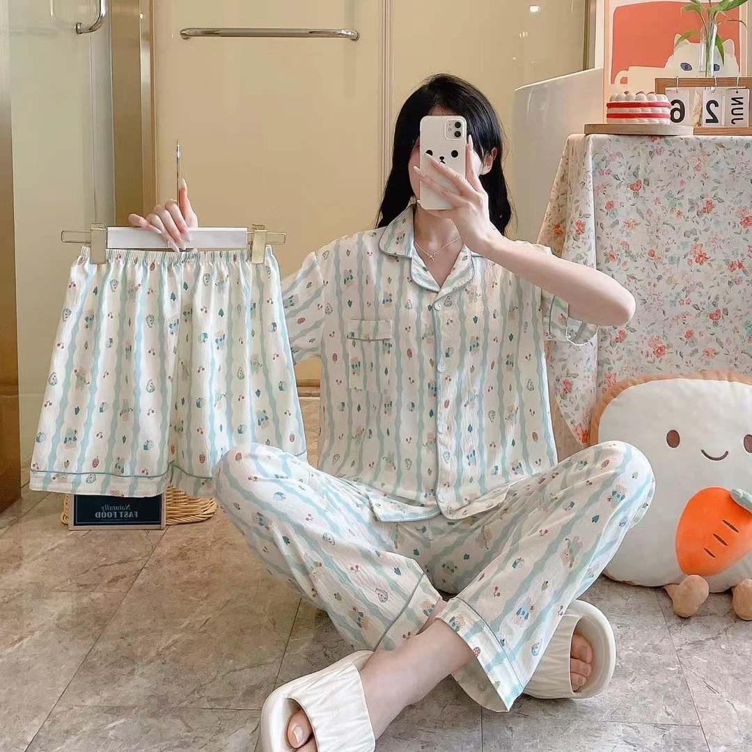 2025夏季外贸云朵棉三件套翻领短袖短裤长裤家居服女睡衣套装