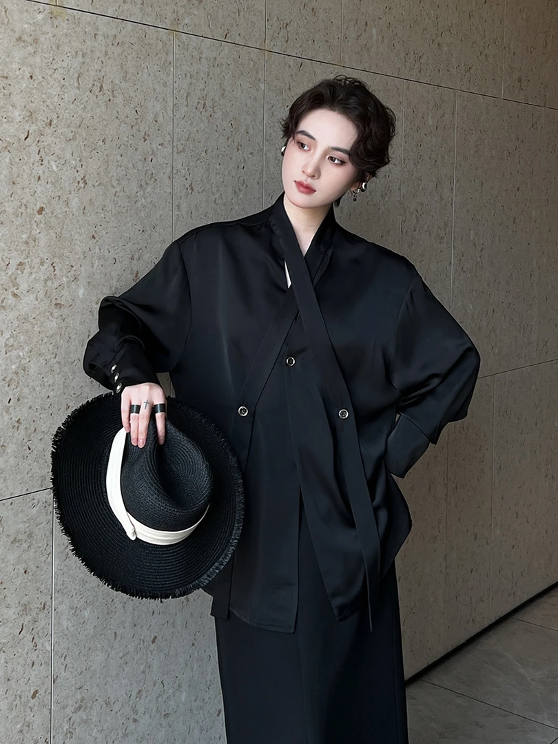 简约设计款飘带V领长袖衬衫垂感高级气质显瘦领带丝滑阔版衬衣潮