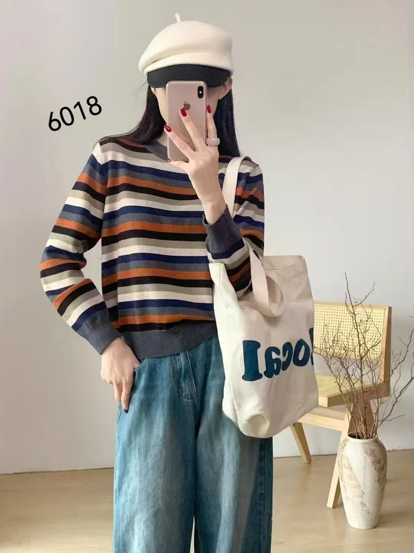 815【灰领   彩条     新款加厚针织衫】高级感气质针织女毛衣