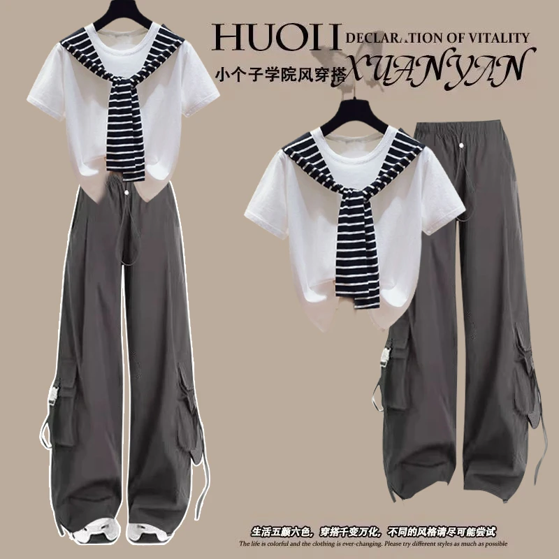 夏季中小学五六年级10-18岁短袖T恤+中大童女学生工装裤洋气套装