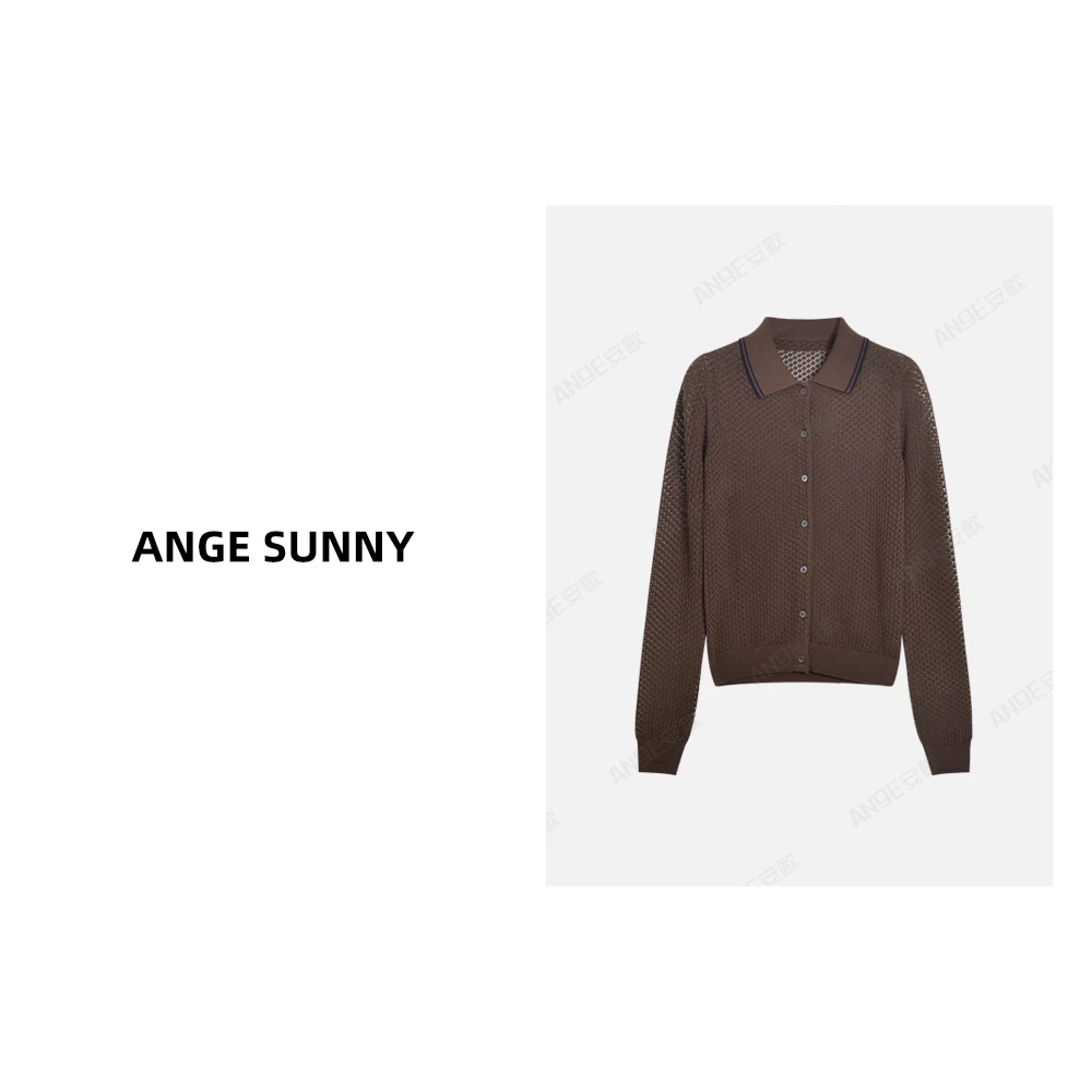 ANGE SUNNY【刘浩存同款 字母镂空针织衫】撞色翻领单排扣开衫