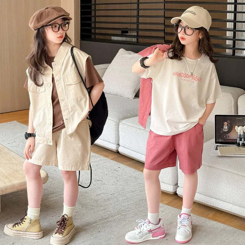 女童套装夏装2025新款洋气纯色中大童韩版休闲短裤夏季休闲三件套