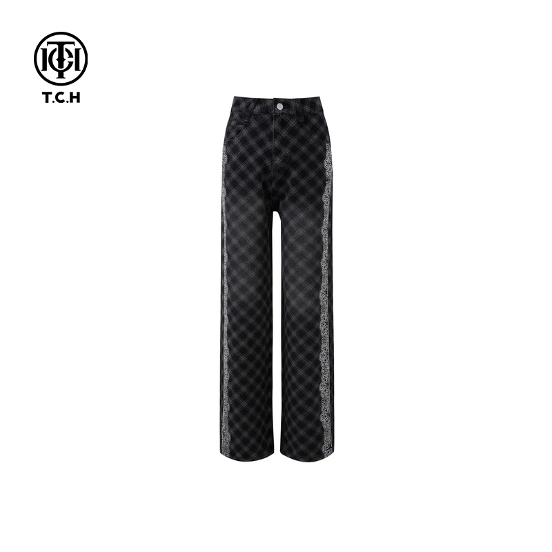 私服-TCH新款2025烫钻花边黑格牛仔裤T75A20E5057休闲裤直筒黑色