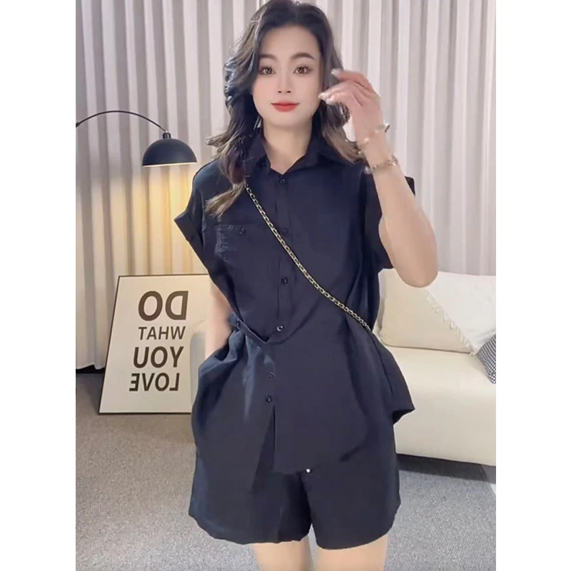 时尚洋气休闲套装女夏季薄新款宽松衬衫亚麻衬衣+短裤两件套装女