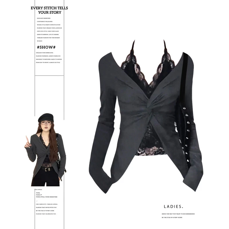 大码胖MM纯欲辣妹假两件蕾丝拼接挂脖长袖T恤女秋季收腰显瘦上衣