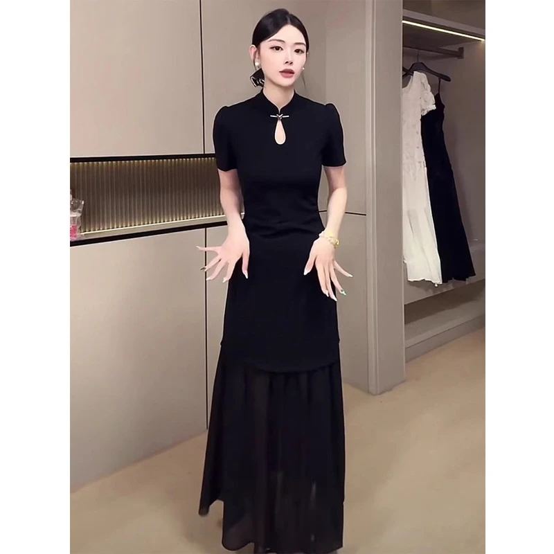 新中式国风镂空短袖旗袍连衣裙女收腰显瘦高级感气质优雅名媛长裙