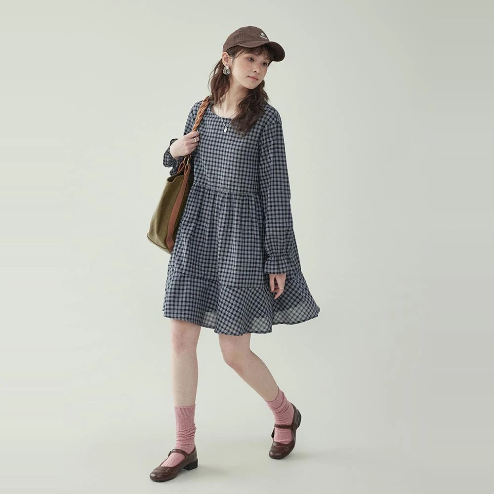 「北岛AMUU原创」圆领黑蓝格子连衣裙女早春新款长袖小个子短裙