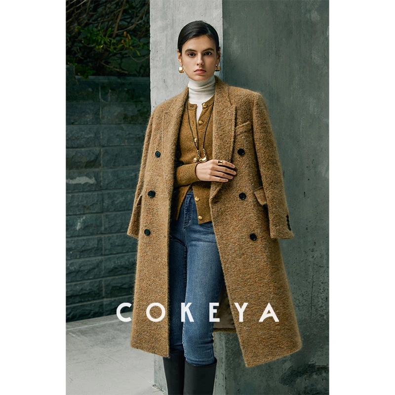 COKEYA/意大利LIOR~琎口艺术花纱篙级长款羊驼毛大衣毛呢外套女
