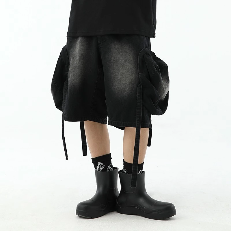 KBLC25春夏重工洗旧飘带短裤国潮牌夏季情侣休闲裤