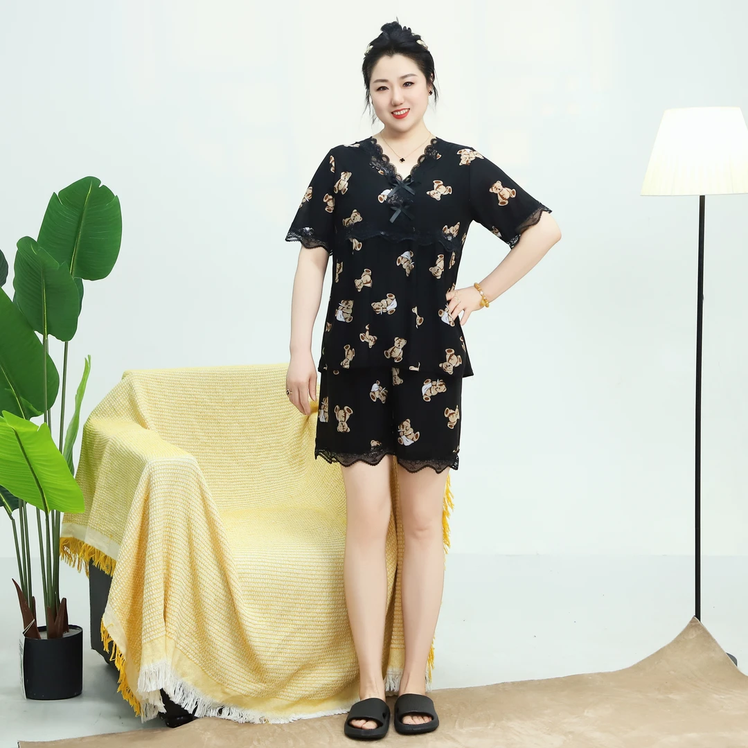 夏季高弹大码短袖短裤套装家居服睡衣女宽松遮肉显瘦时尚可外穿