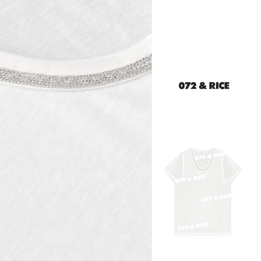 072 & RICE【银珠领】亚麻+莱赛尔+棉 夏季休闲V领短袖T恤 N-32XM01