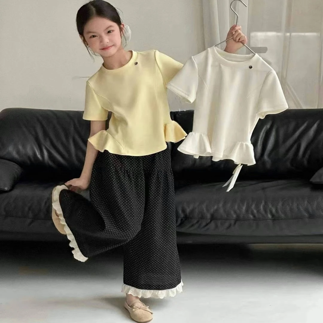 女童短袖T恤2025年夏季新款儿童洋气百搭荷叶边上衣中大童半袖潮