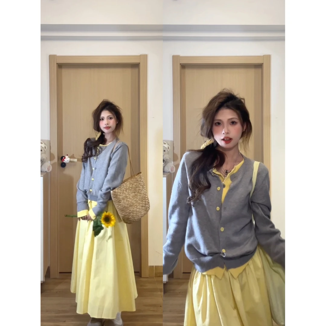 慵懒风松弛感两件套装女早春款新款软糯假两件上衣法式洋气半身裙