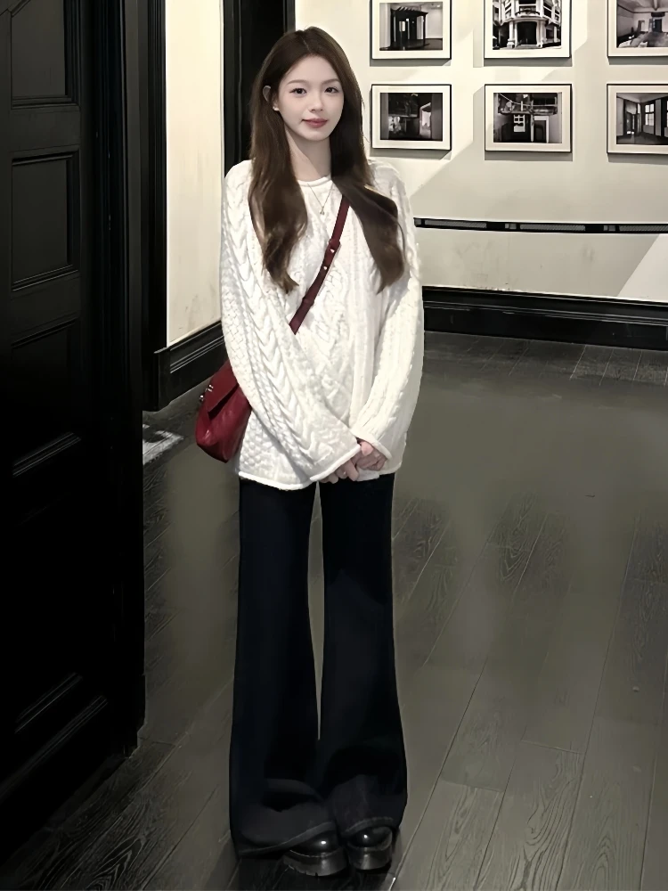 韩系软糯套头毛衣女2025新款慵懒风气质针织衫微喇牛仔裤两件套潮