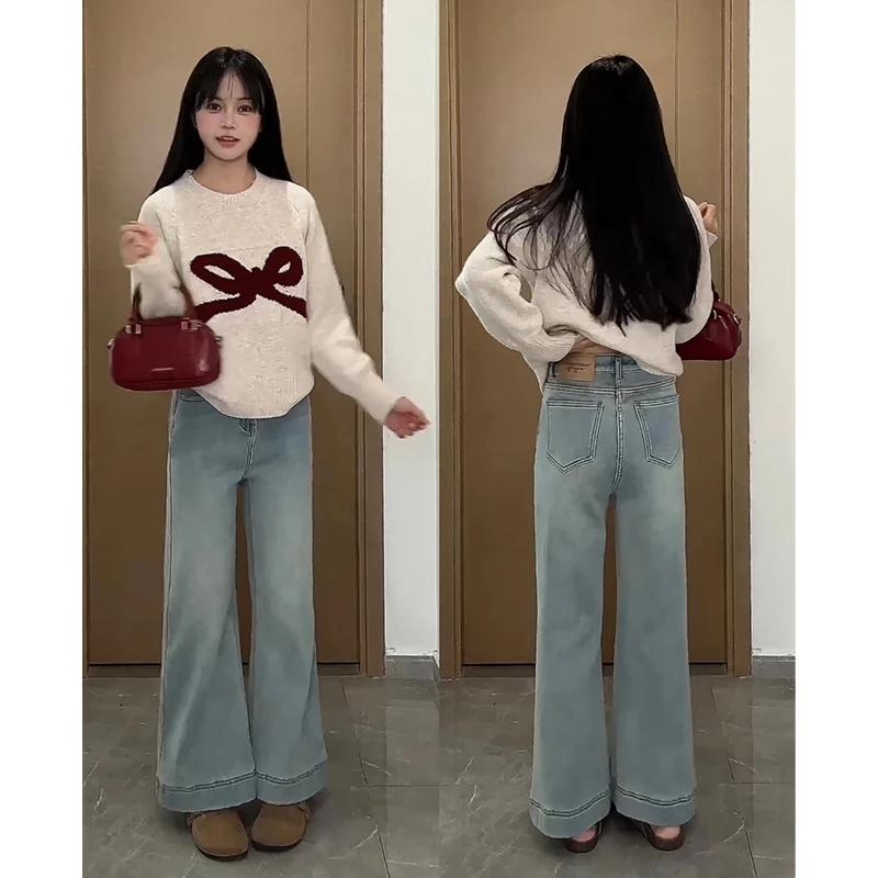 浅蓝高腰微喇牛仔裤女2025春季新款小众宽松显瘦小个子百搭阔腿裤