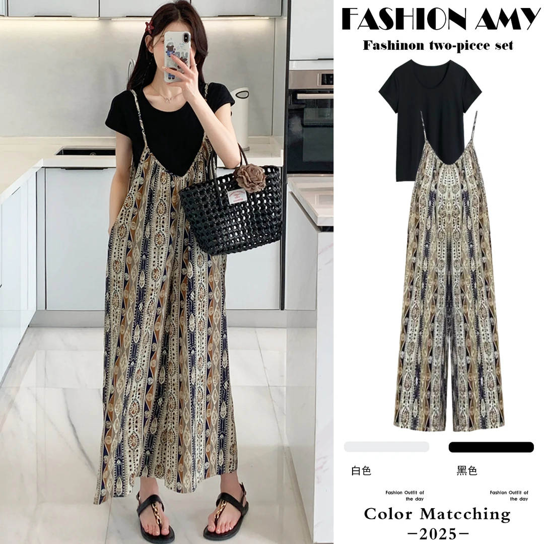 孕妇背带裤套装夏装新款时尚韩版显瘦T恤上衣宽松休闲雪纺阔腿裤1