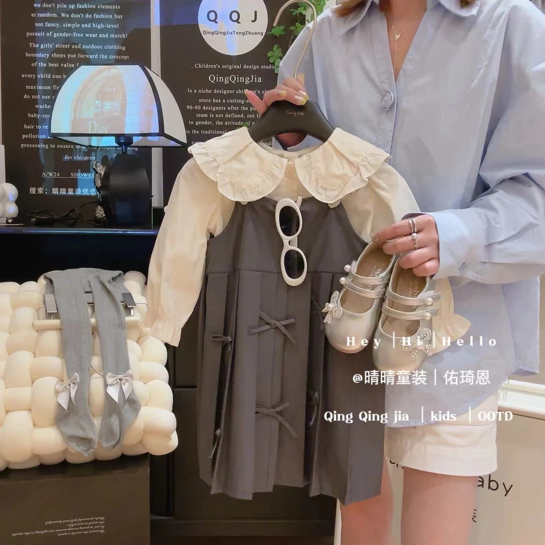 女童时尚学院风蝴蝶结百褶背带裙衬衫两件套2025春季新款AQA318鱼