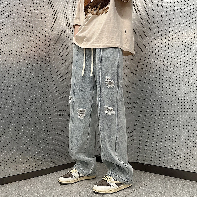 66311春秋潮牌美式复古高街重工水洗宽松大码破洞牛仔长裤