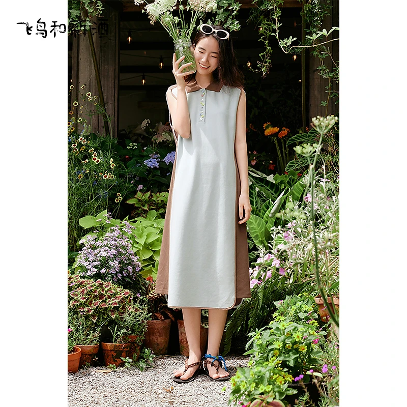飞鸟和新酒拼接无袖连衣裙女夏季宽松中长款休闲裙FD53181093