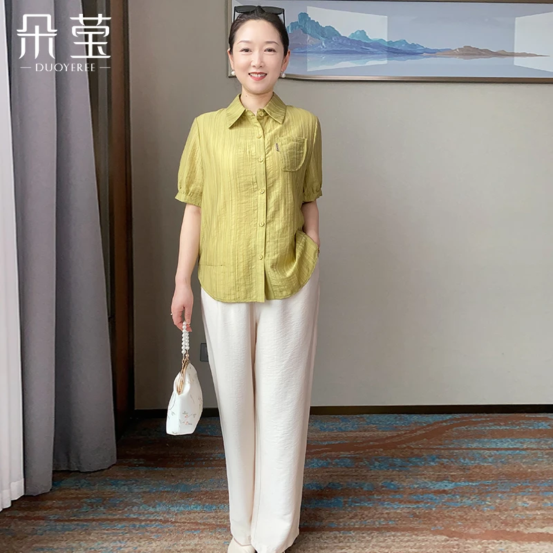 朵莹妈妈夏装洋气短袖衬衫中年女时尚小衫上衣中老年减龄套装