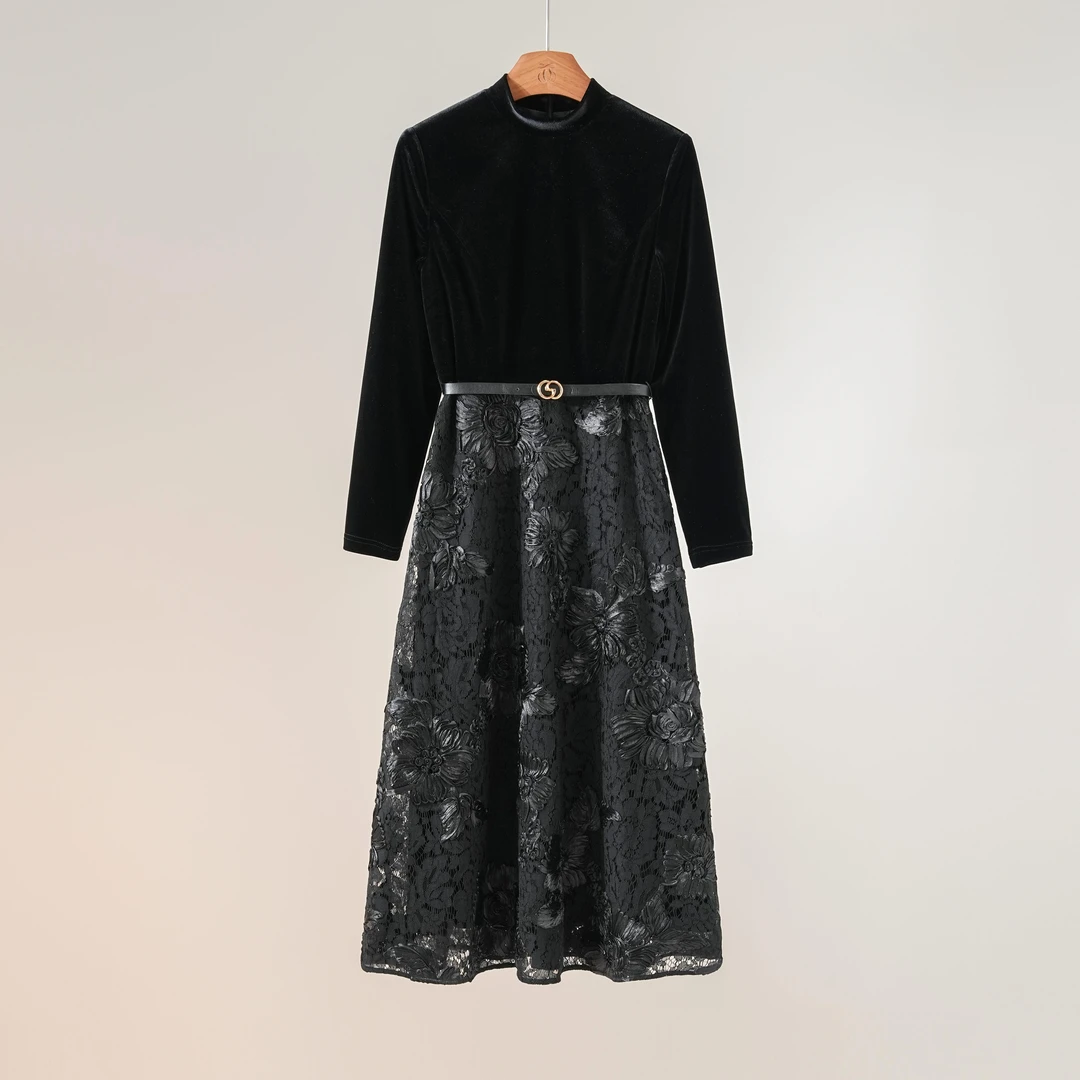 西子/【花园秘境】进口丝绒拼接立体丝带刺绣黑色连衣裙/CQHY067