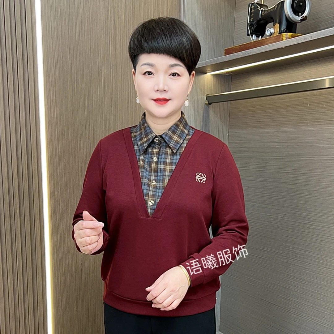 中老年女装常规款宽松型秋季长袖翻领假两件时尚百搭上衣F9081