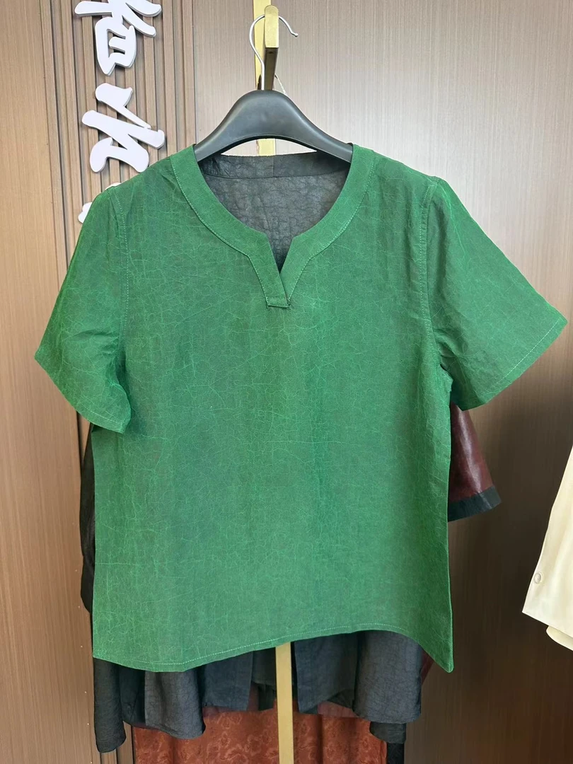 【甜蜜觅】龟裂纹桑蚕丝新中式V领提花国风设计师绿色双面气质小衫